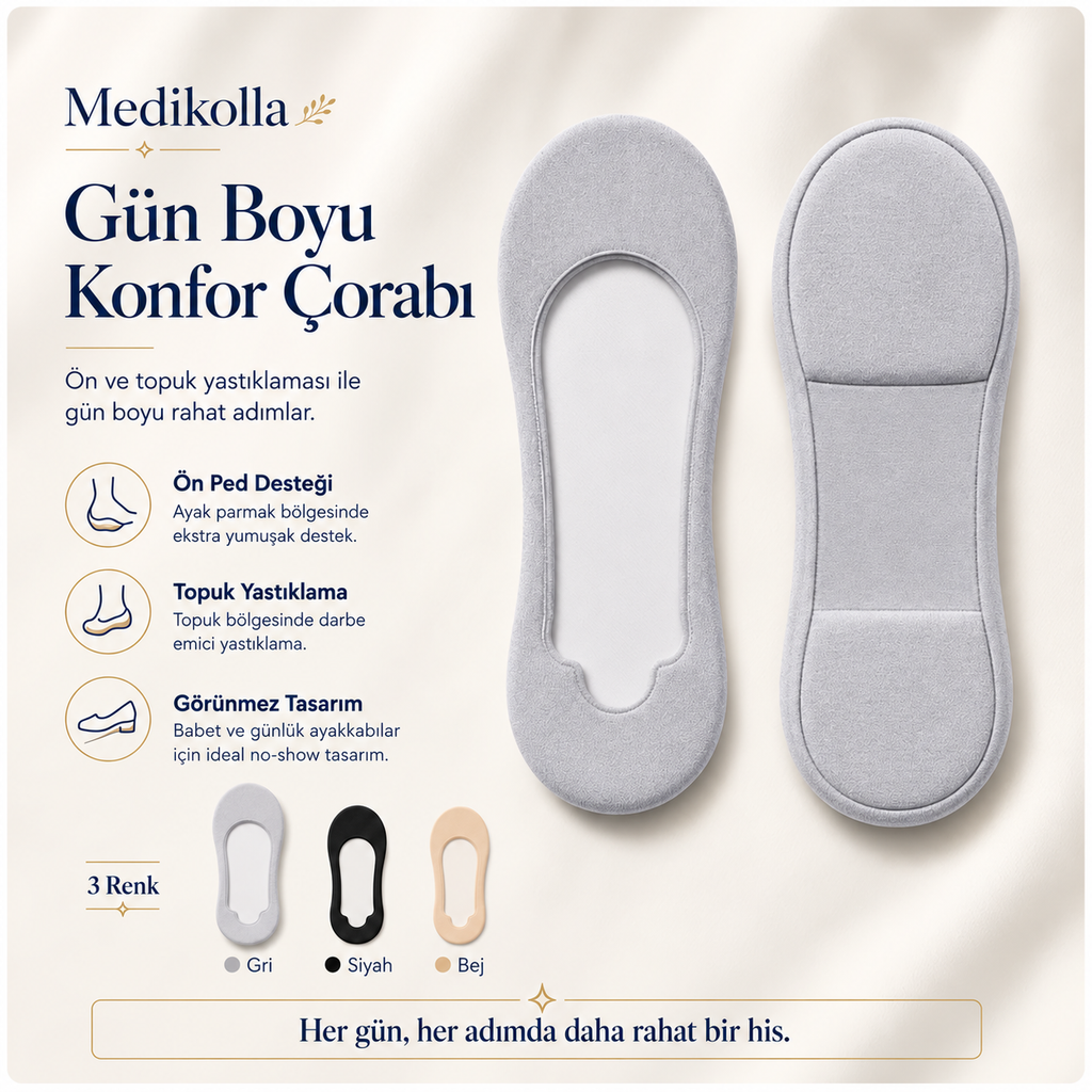 Yastıklamalı no-show babet çorabı (ön ped + topuk yastıklı, silikon kaydırmaz görünmez çorap)