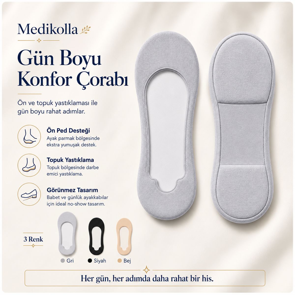 Yastıklamalı no-show babet çorabı (ön ped + topuk yastıklı, silikon kaydırmaz görünmez çorap)